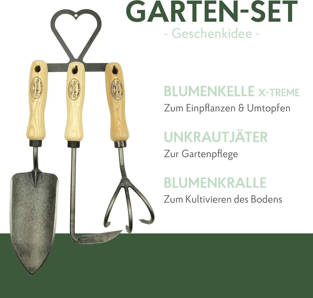 DeWit Gartenwerkzeug-Set 4-teilig: geschmiedete Blumenkelle, Unkraut-Jäter, Blumenkralle & Werkzeug-