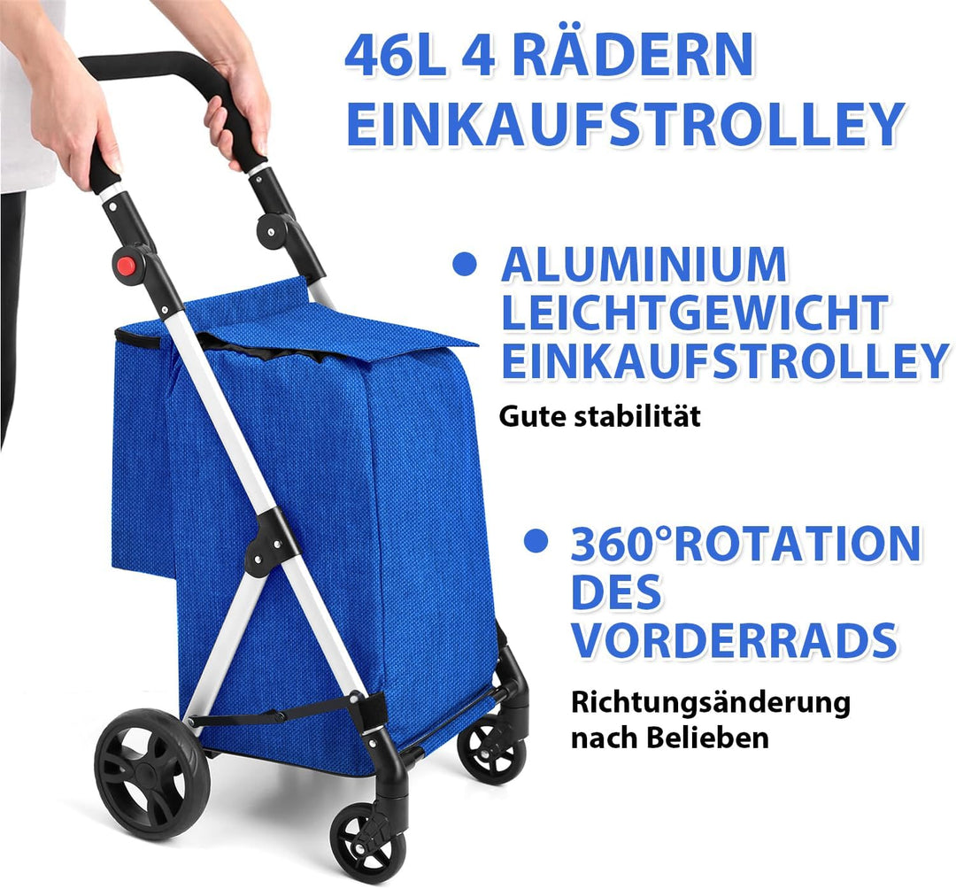 Einkaufstrolley, 46L Trolly Einkaufswagen Klappbar, 4 Rädern Aluminium Leichtgewicht Einkaufstrolley