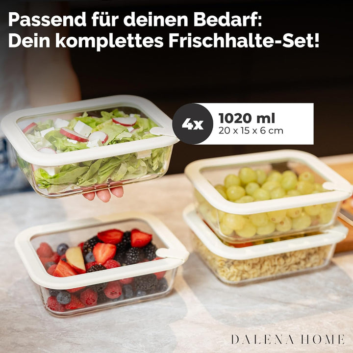 Frischhaltedosen Set 4x1020ml – Borosilikatglas, Glasbehälter luftdicht & mikrowellengeeignet, Meal