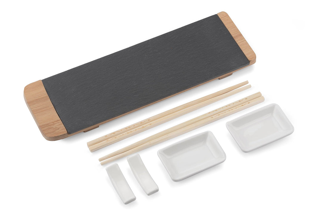 hochwertiges Sushi Set Bambus Schiefer Keramik Essstäbchen Saucen Schalen