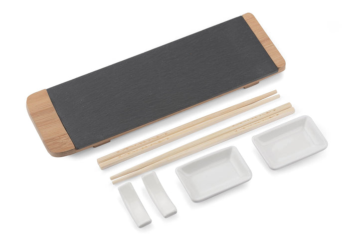 hochwertiges Sushi Set Bambus Schiefer Keramik Essstäbchen Saucen Schalen