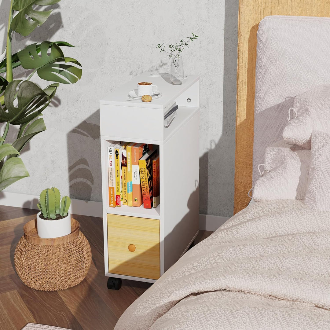 PIPIPOXER Nachttisch schmal mit Rollen, kleiner Nachttisch, Eichenfarben, mit 1 Schublade, USB-Ansch