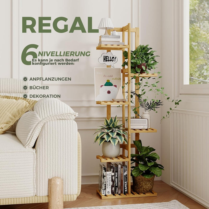 Bamworld Pflanzenständer Blumenständer Bambus Pflanzenregal Indoor Blumenregal Kleines Metall Blumen