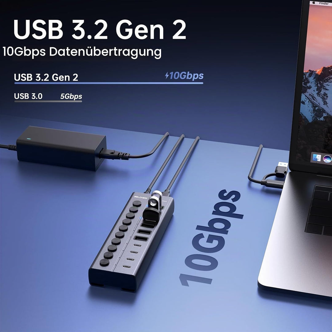 USB Hub mit Netzteil, 10-Port USB 3.2 Gen 2 10Gbit/s Aktiv Hub, Vollaluminium mit 60W (12V 5A) Power