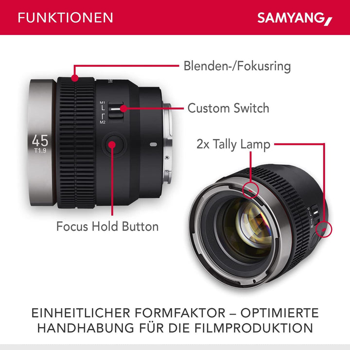 Samyang V-AF 45mm T1,9 FE für Sony E, Videoobjektiv, Auto Fokus Objektiv, Cine Lens 8K Unterstützung
