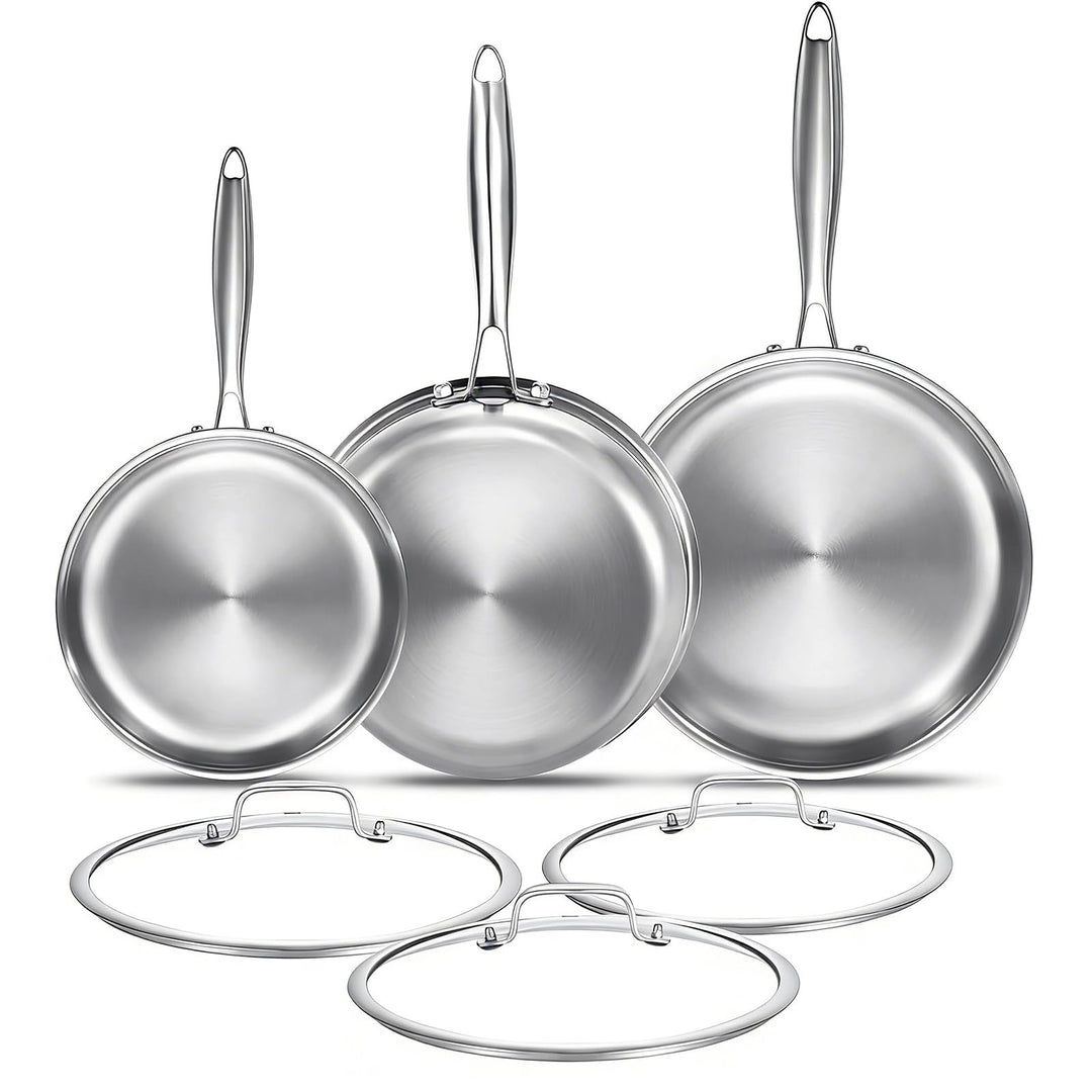 Edelstahlpfanne 20/24/28 cm mit 3 Deckeln | Durchgehend 3-lagige Bratpfanne, Induktionsgeeignet, Bac