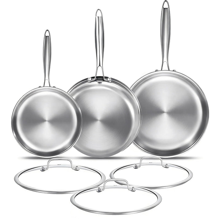 Edelstahlpfanne 20/24/28 cm mit 3 Deckeln | Durchgehend 3-lagige Bratpfanne, Induktionsgeeignet, Bac