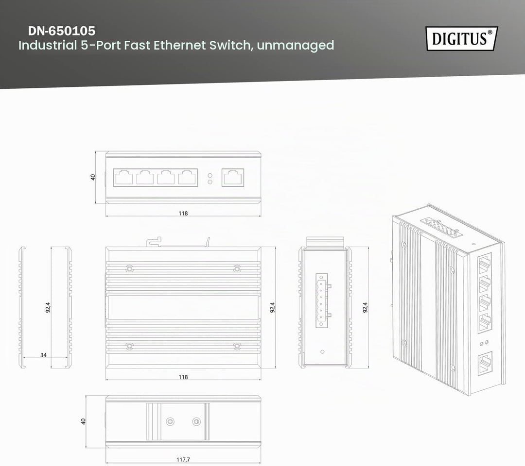 DIGITUS Netzwerk-Switch - 5-Port Fast Ethernet - DIN-Rail Montage - Klemmleiste - Lüfterlos - Schwar