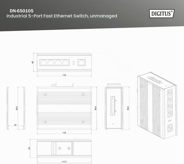 DIGITUS Netzwerk-Switch - 5-Port Fast Ethernet - DIN-Rail Montage - Klemmleiste - Lüfterlos - Schwar