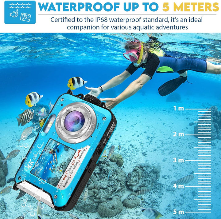 64MP Unterwasserkamera mit 64GB Speicherkarte, 4K unterwasser kamera mit Autofokus & Dual-Selfie-Bil