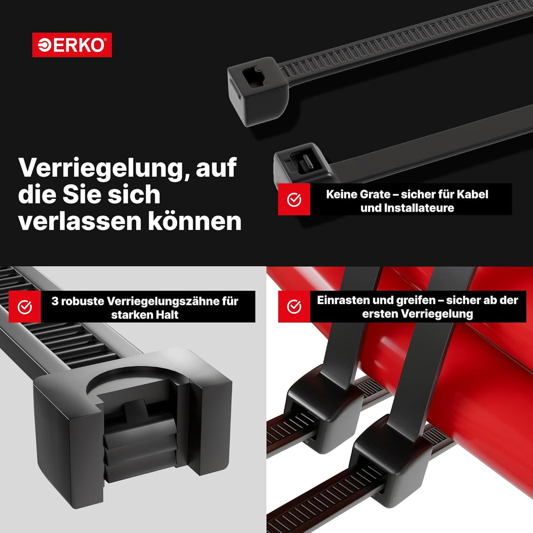 ERKO Kabelbinder Schwarz 400 x 7,6 mm 100 Stück UV-Beständig 55kg Zugfestigkeit für Kabelmanagement