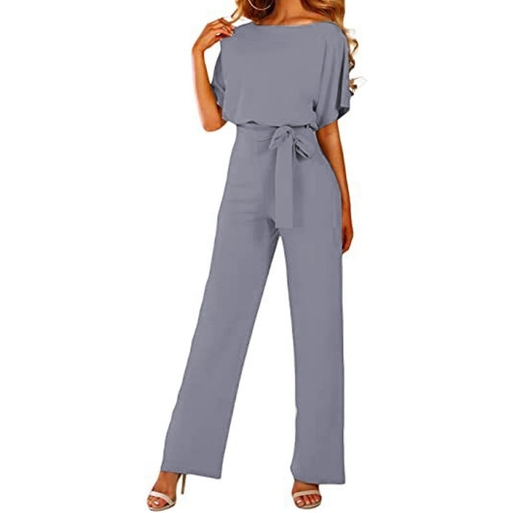 Damen Lang Jumpsuit Overall Hosenanzug Elegant Romper Kurzarm Rundhals Playsuit mit Gürtel Hosenanzu