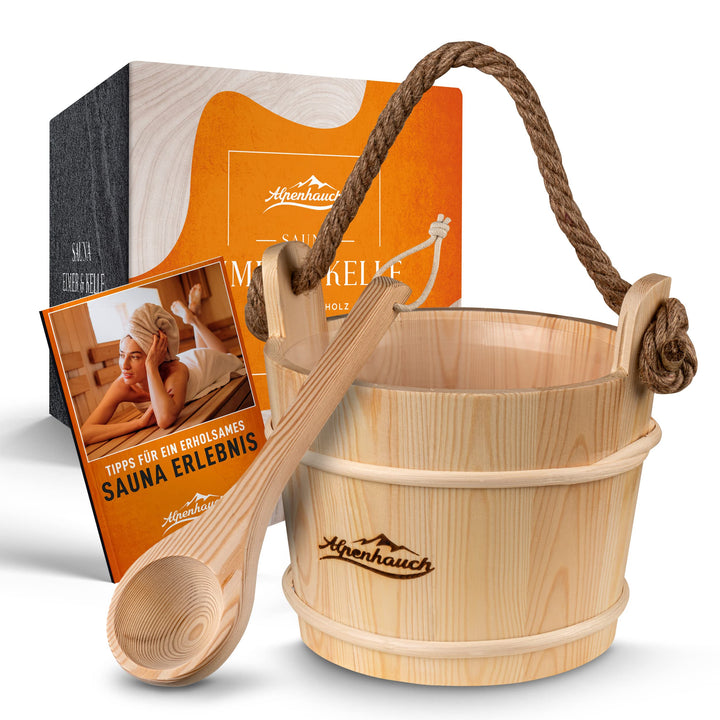 ALPENHAUCH Sauna Eimer mit Kelle [100% Naturholz] - Edler Saunakübel mit komfortablem Hanftrageseil