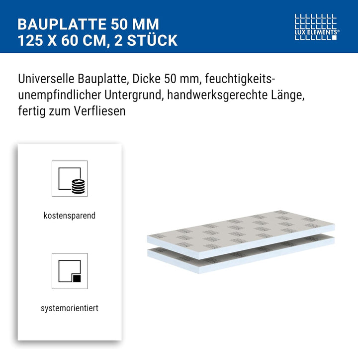 LUX ELEMENTS Bauplatte Fertig zum Verfliesen, 125 x 60 cm, 2 Stück (1,5 qm) LELEE4144, Grau, 50 mm B