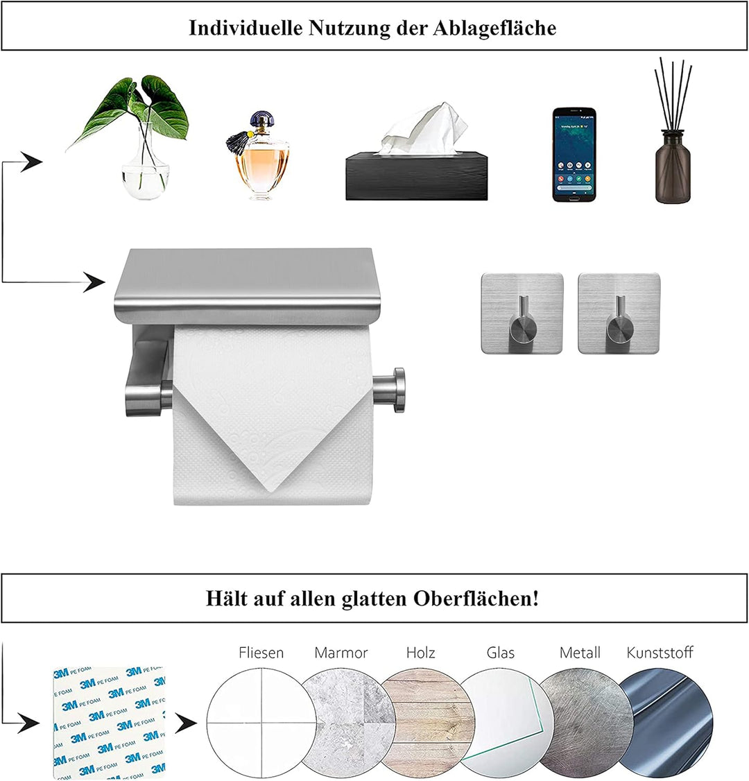 Klopapierhalter ohne Bohren inkl. 2 Handtuchhaken | Toilettenpapierhalter mit Ablage | Klorollenhalt