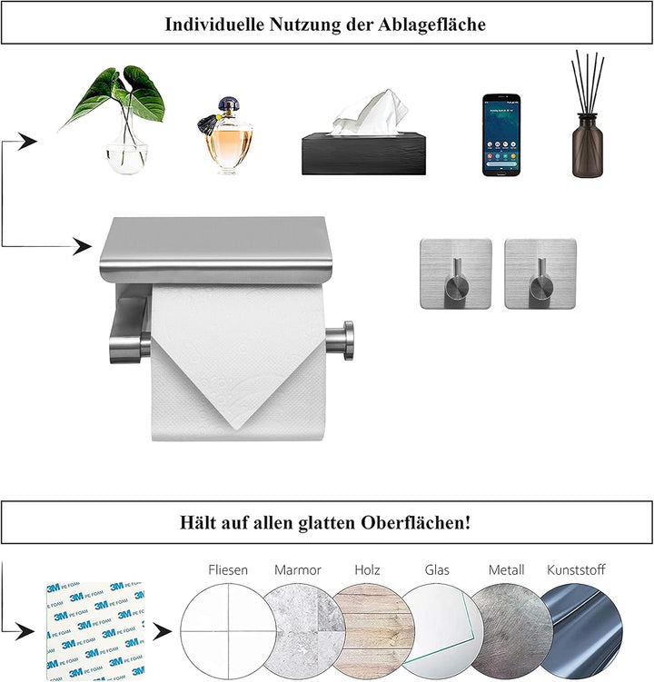 Klopapierhalter ohne Bohren inkl. 2 Handtuchhaken | Toilettenpapierhalter mit Ablage | Klorollenhalt