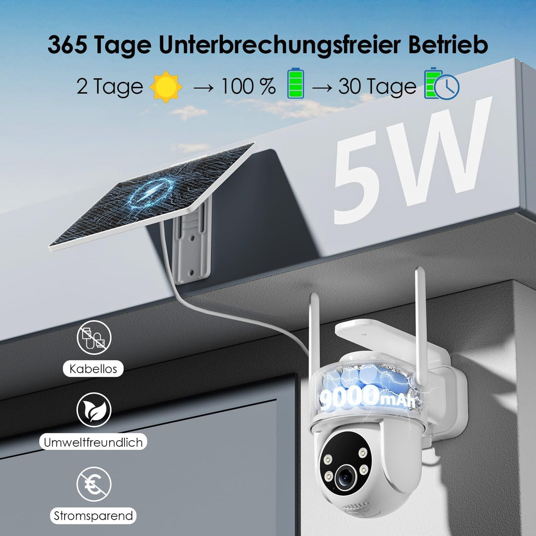 Alles in 1 Überwachungskamera Aussen Akku Solar, 2K, 100% Kabellos, 360° PTZ Kamera Überwachung Auss