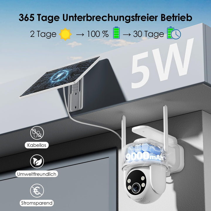 Alles in 1 Überwachungskamera Aussen Akku Solar, 2K, 100% Kabellos, 360° PTZ Kamera Überwachung Auss