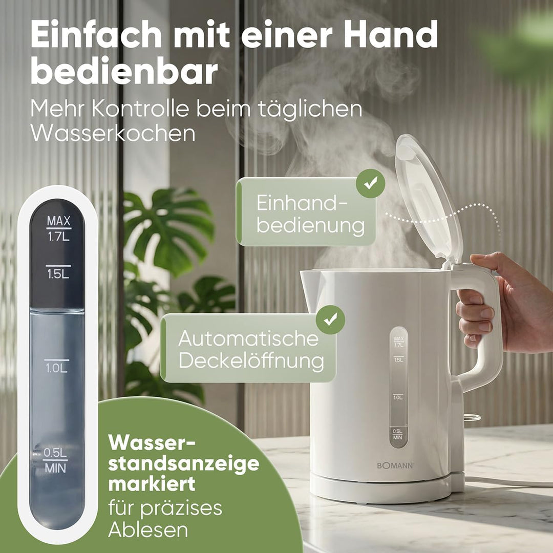 Bomann Wasserkocher 1,7L | 2200W für schnelles Erhitzen | BPA frei | Einhandbedienung | Wasserstands