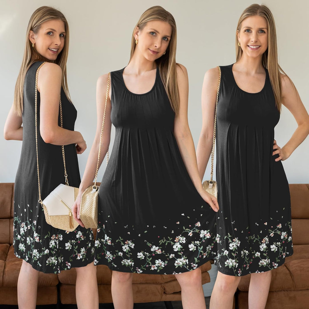 KILIG Sommerkleid Damen Strandkleid Midi Ärmellose Kleid Sommer Leicht Blumenkleid Freizeitkleid A1-