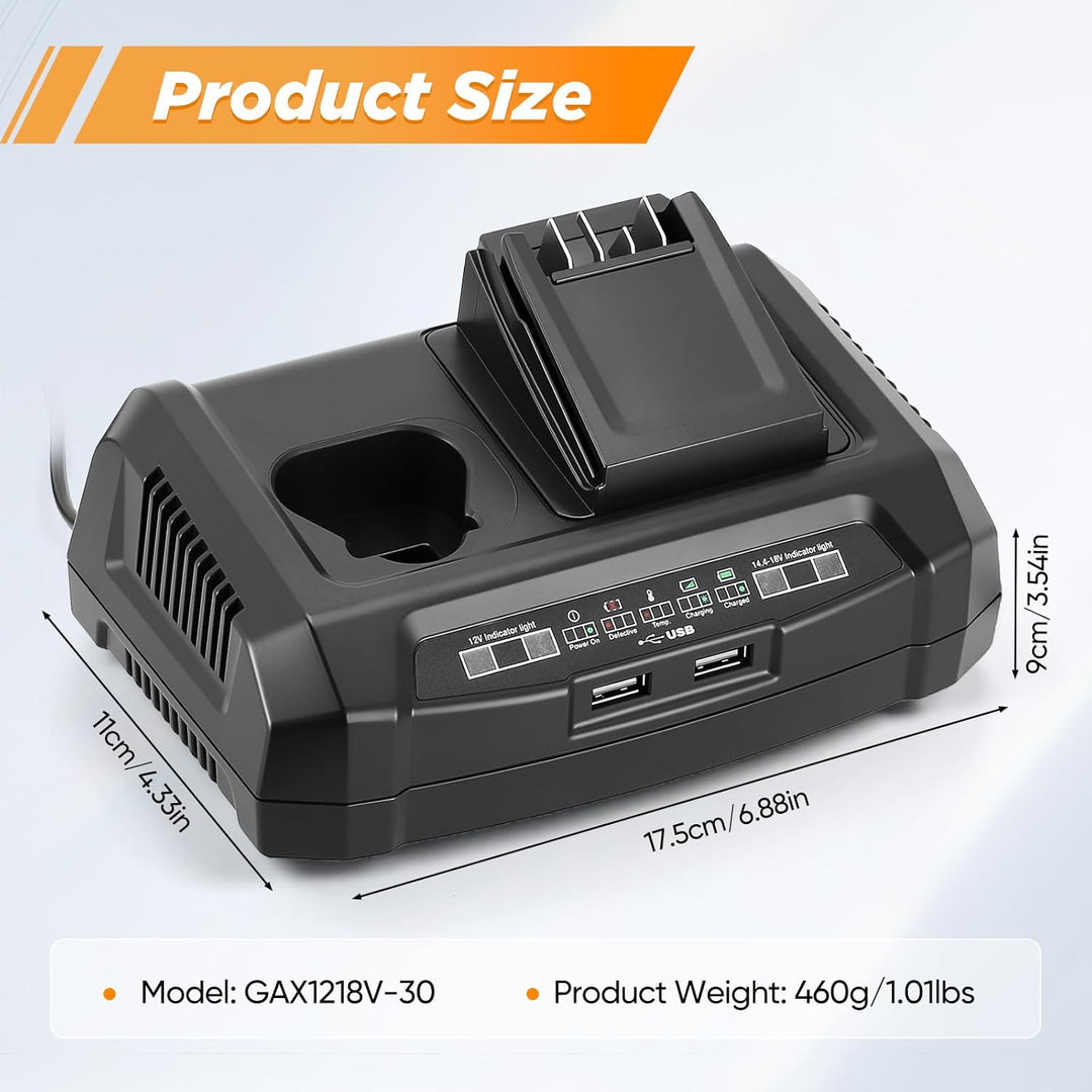 Dual-Port Ladegerät für Bosch 18V & 12V Akkus mit dualen USB-Anschlüssen, wandmontierbar, All-in-One
