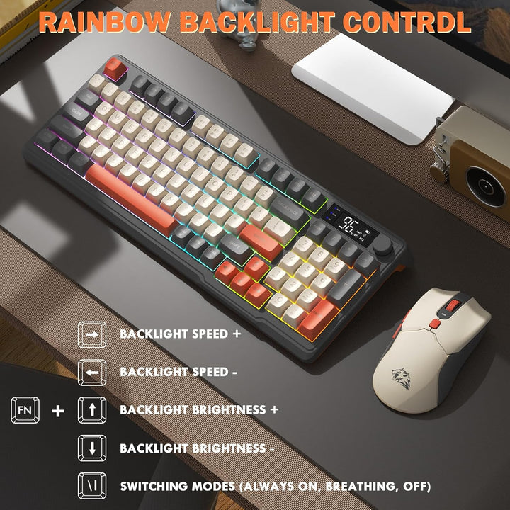 ZIYOU LANG×FREEWOLF T96 Kabelloses Gaming-Tastatur- und Maus-Set, BT/2,4 GHz, Smart Display und Knop