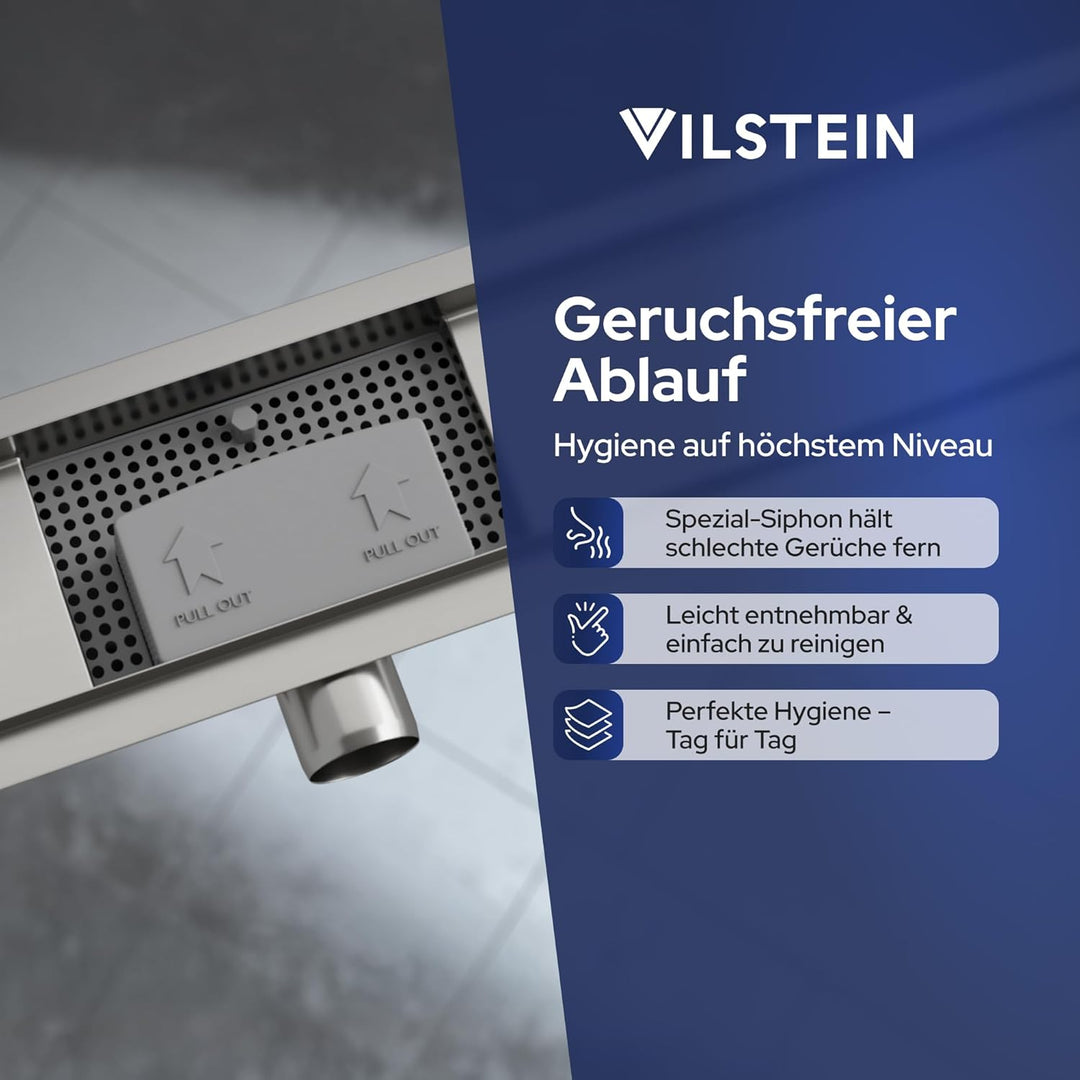 VILSTEIN Duschrinne 110cm, Edelstahl Bodenablauf Komplettset, extra flach, Siphon mit Geruchsstop, H