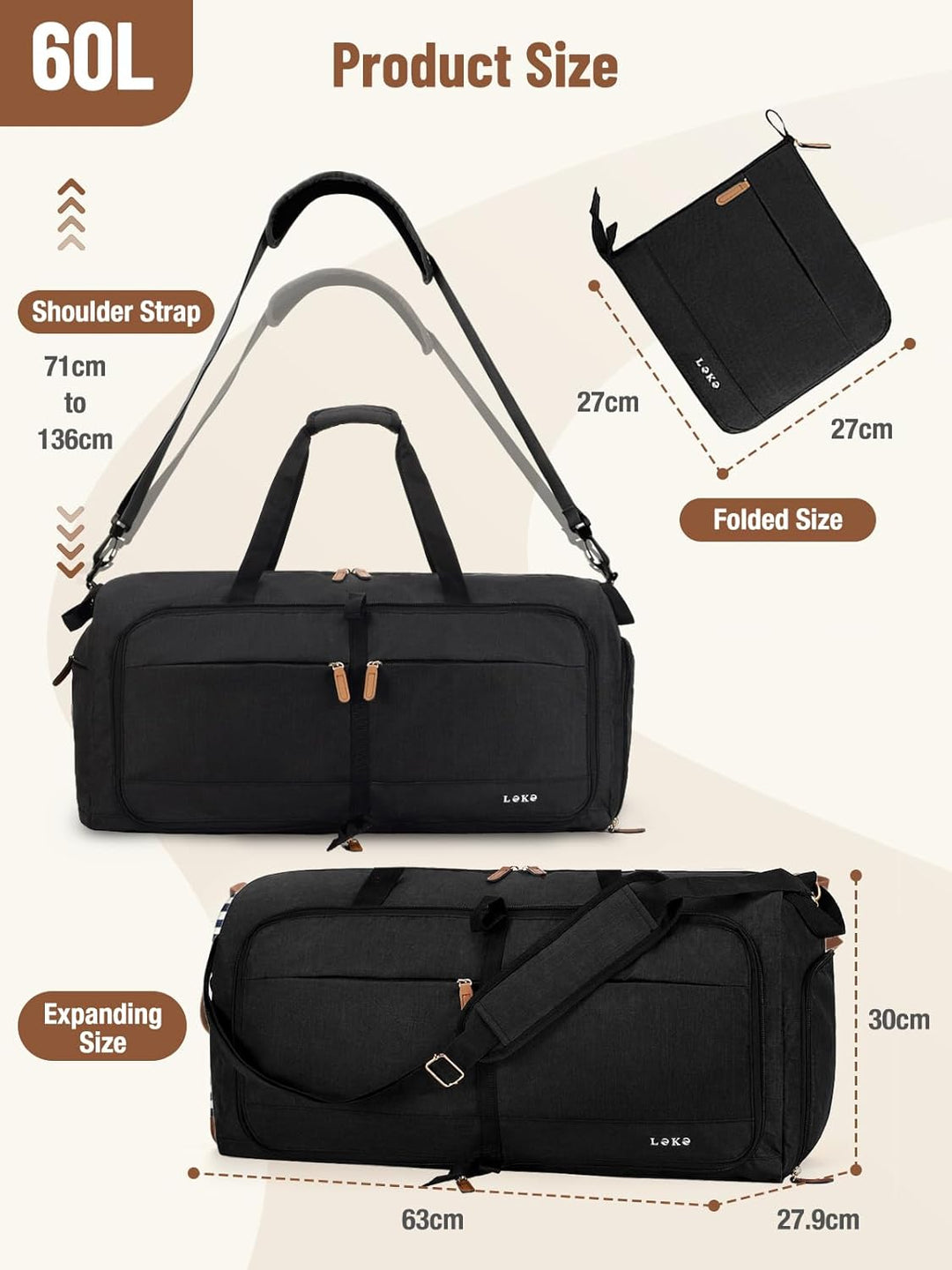 Lekesky Faltbare Reisetasche Weekender mit Schuhfach, 60L Reisetasche Sporttasche Kliniktasche Krank