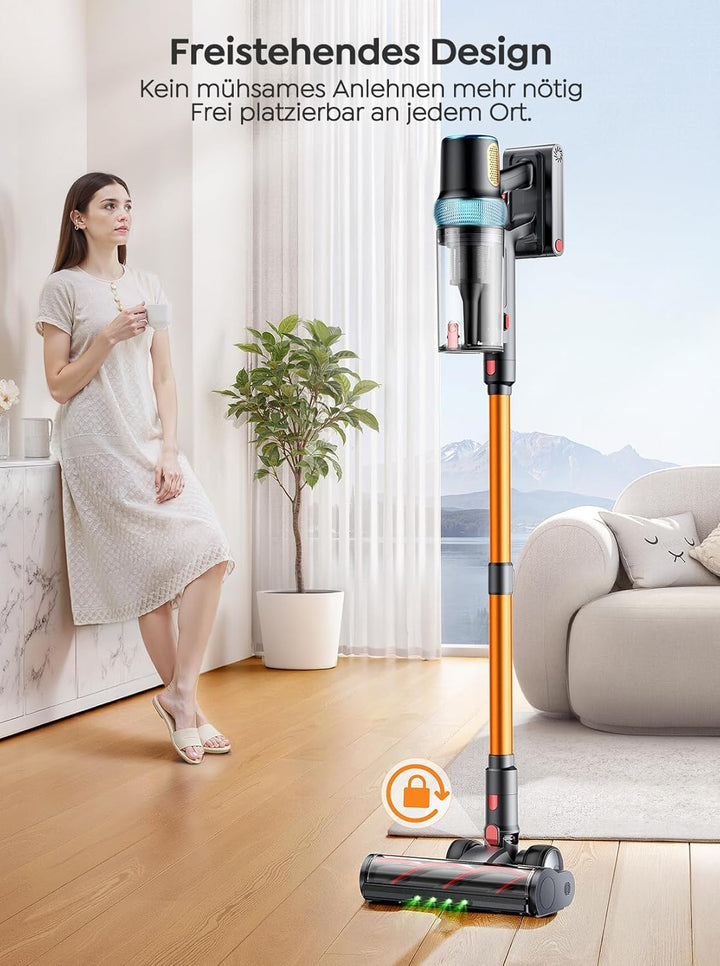 Akku Staubsauger 50KPA/600W/65Min,Selbststehender Staubsauger Kabellos mit 1M Ausziehbarer Schlauch,
