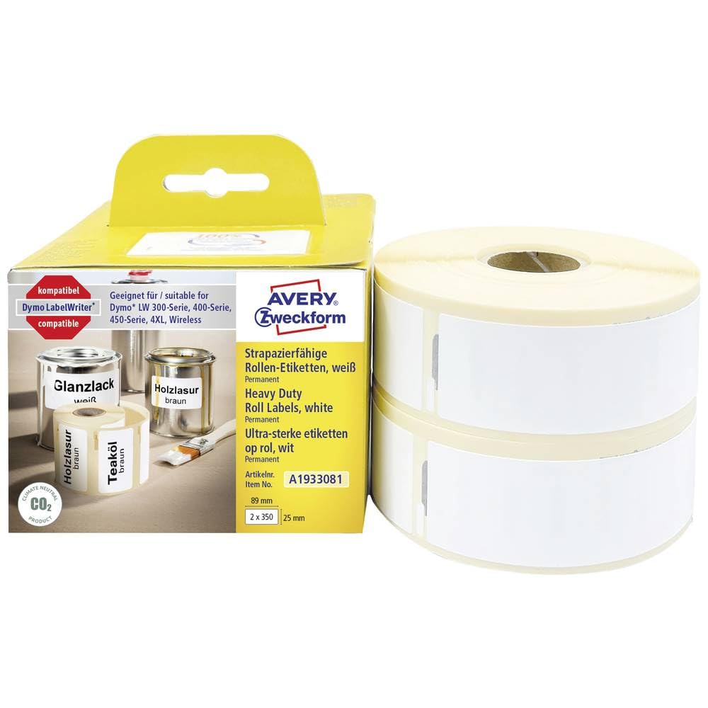 AVERY Zweckform A1933081 Dymo LabelWriter wetterfeste Etiketten kompatibel zu 1933081 (25x89mm, 2 Ro