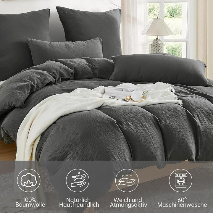 WONGS BEDDING Musselin Bettwäsche 135x200 4 teilig Baumwolle, Bettwäsche-Sets 2er Set Bettbezug mit
