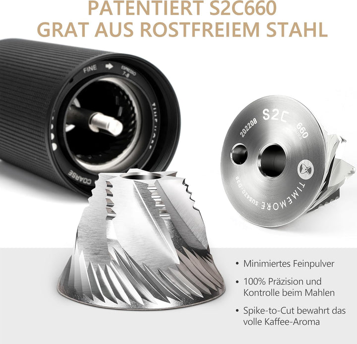 TIMEMORE Chestnut C3s PRO, manuelle Kaffeemühle, Upgrade integriertes Ganzmetallgehäuse, Edelstahl S