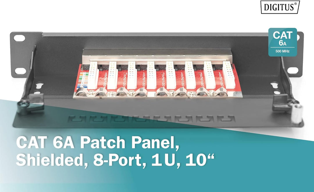 DIGITUS CAT 6A Patchpanel - 8 Ports - RJ45-Buchsen - 10-Zoll Rack-Mount 1HE - LSA Verteilerfeld - ge