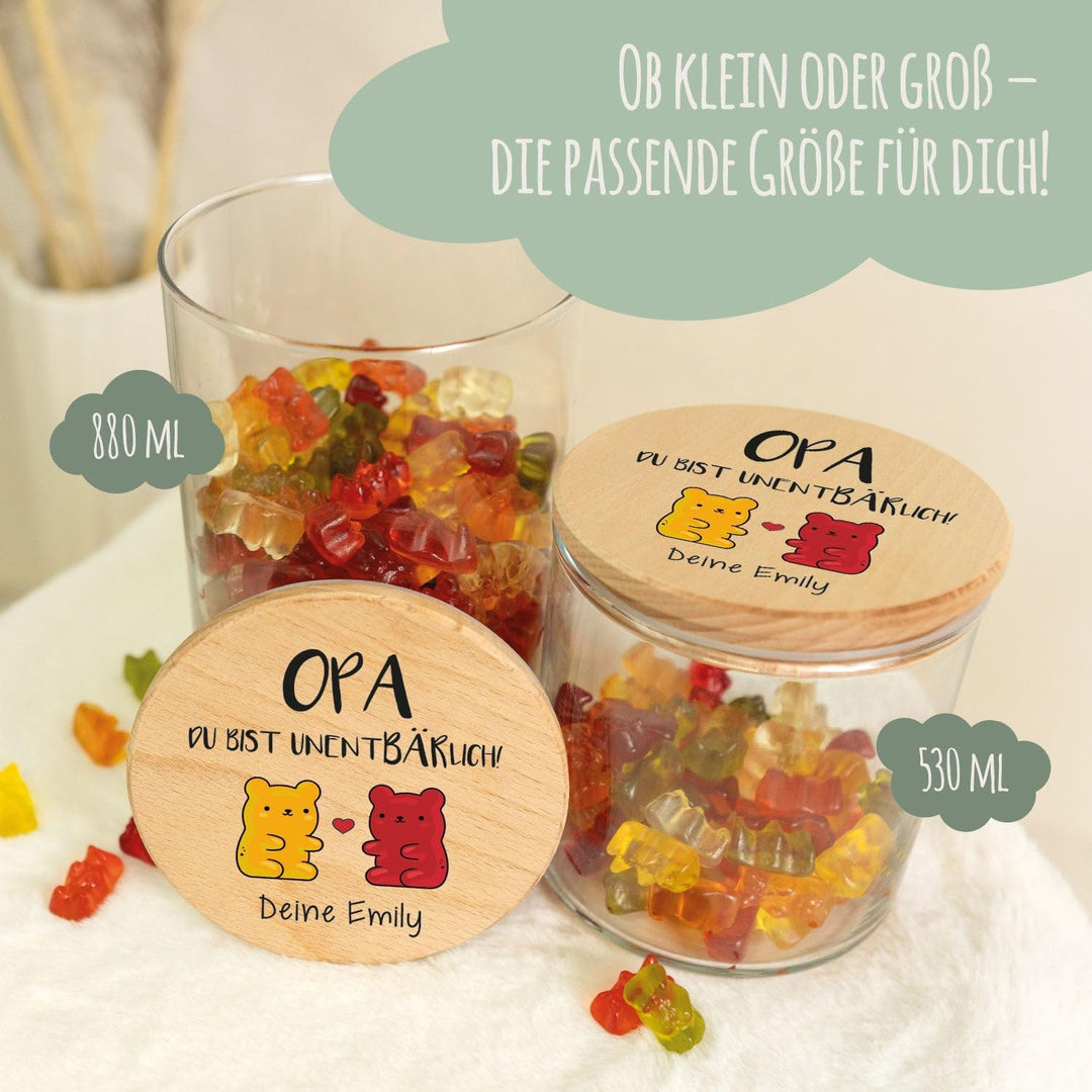 GRAVURZEILE Vorratsglas mit bedrucktem Holzdeckel - UnentBÄRlich Opa - Personalisiert mit Name - Kek