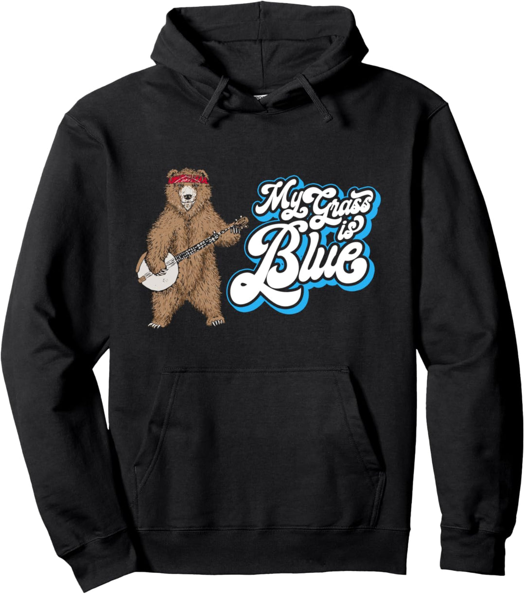 Banjo Grizzly Bear Hippie My Grass is Blue Bluegrass Retro Pullover Hoodie