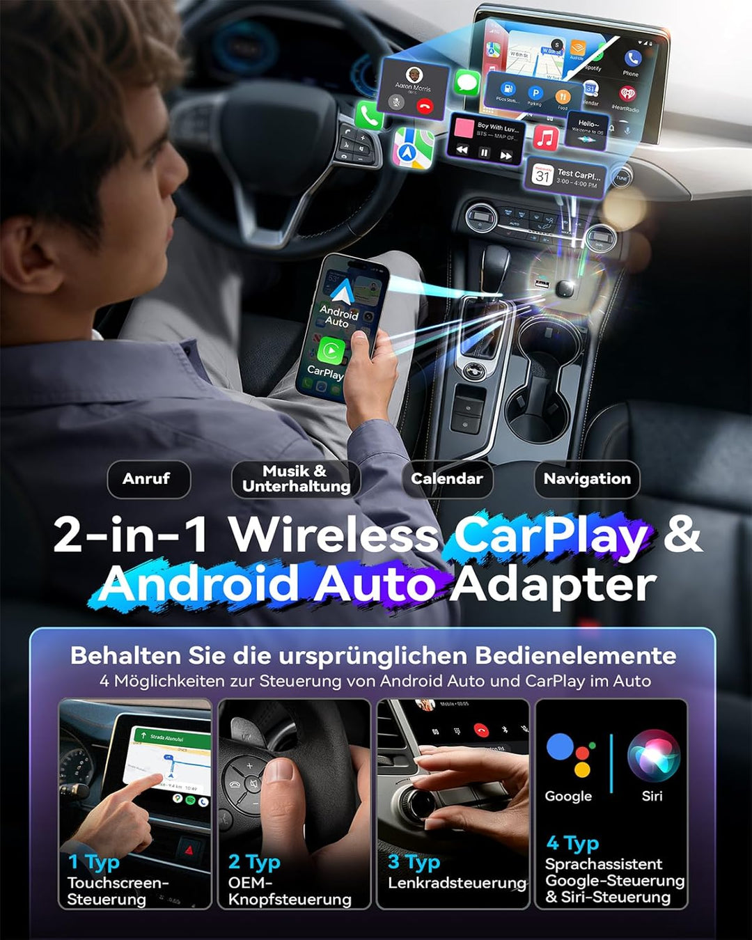 Wireless Carplay & Android Auto Adapter 2-in-1, 1-klick-Benutzerwechsel, Mavlou 2026 Ultra-Mini Dong