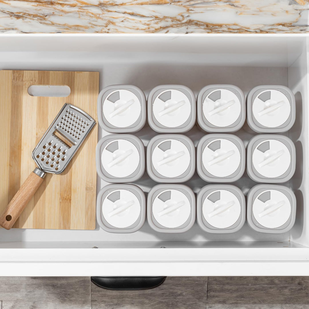 IDOBY 12er Set Gewürzbox aus Kunststoff, Transparente Gewürzdose, BPA-Freiem Kunststoff Camping Gewü