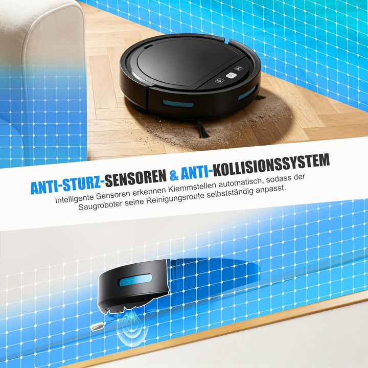 Saugroboter mit Wischfunktion 2 in 1, 4000PA Starkes Saugen Staubsauger Roboter, Anti-Tangle, Automa