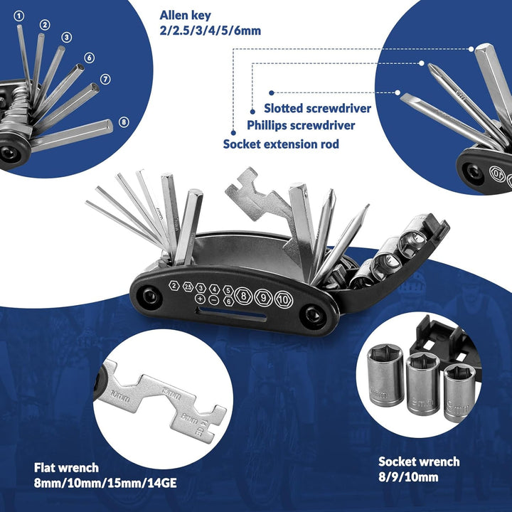 ROCKBROS Fahhrrad Satteltasche + 16 in 1 Multifunktionswerkzeug Fahrradtasche Fahrradsitz Tasche für