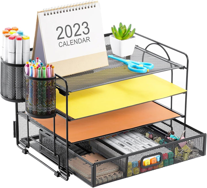 Marbrasse Schreibtisch Organizer,4-stöckig Papier Briefablage Organizer mit Schublade,2 Stifthalter,