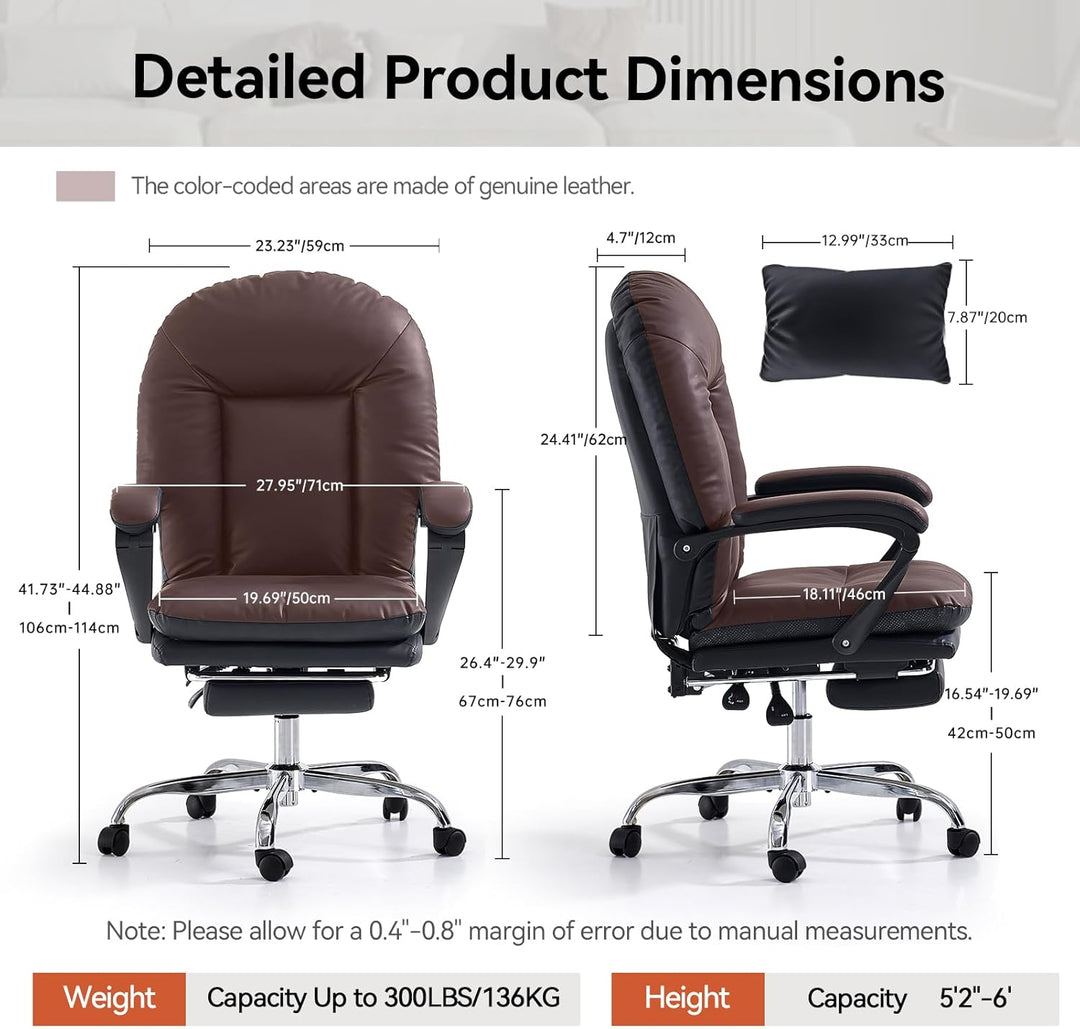 EMIAH Ergonomischer Bürostuhl mit Fussstütze, Verstellbarer Schreibtischstuhl Echtes Leder, Bequeme