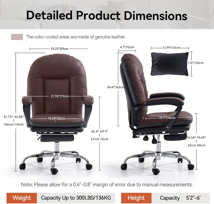 EMIAH Ergonomischer Bürostuhl mit Fussstütze, Verstellbarer Schreibtischstuhl Echtes Leder, Bequeme