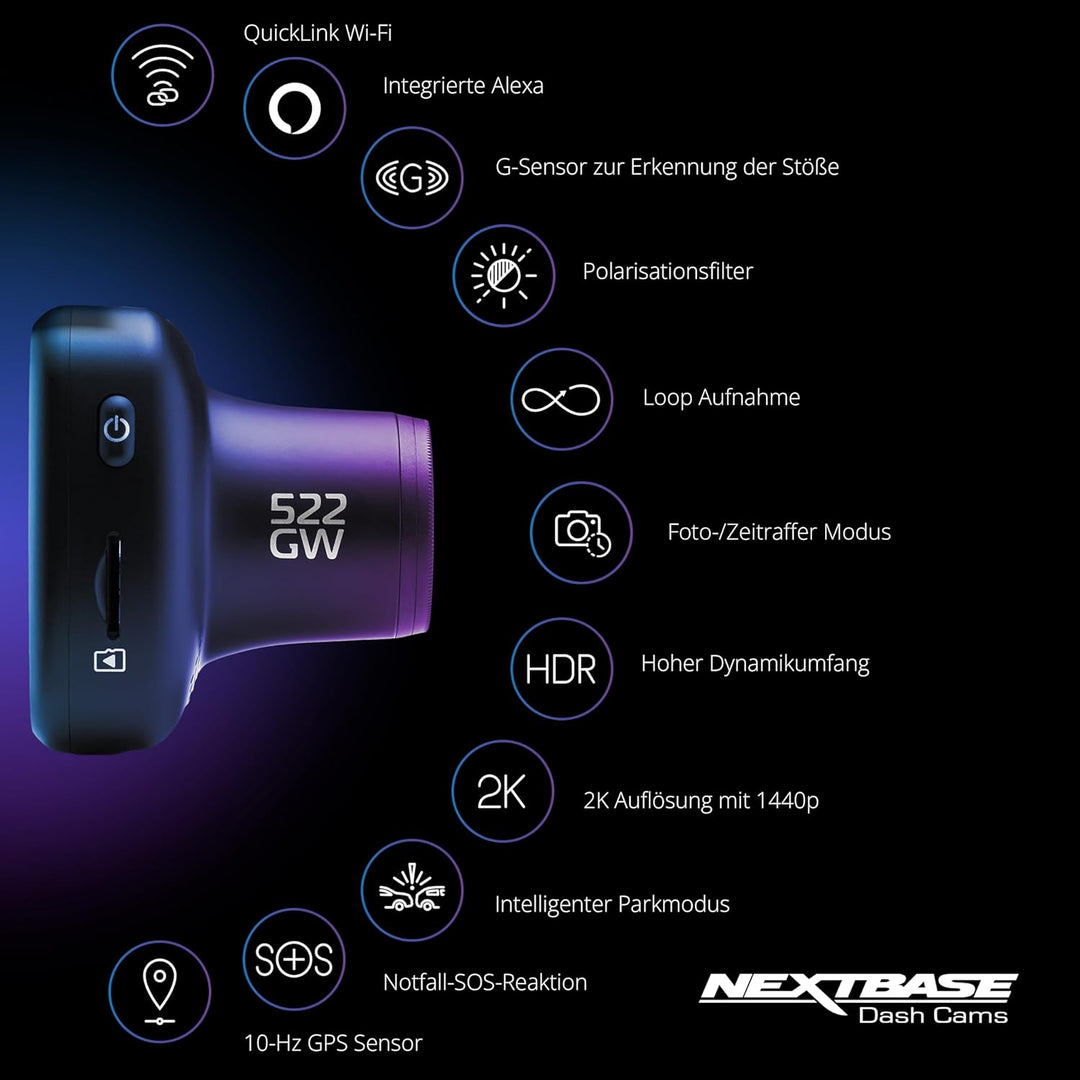 Nextbase 522GW – Autokamera Dashcam Auto - Full 1440p/30fps HD Aufzeichnung - Nachtsicht WiFi Polari