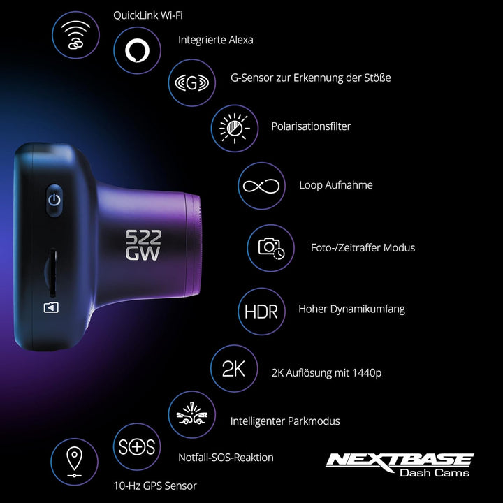 Nextbase 522GW – Autokamera Dashcam Auto - Full 1440p/30fps HD Aufzeichnung - Nachtsicht WiFi Polari