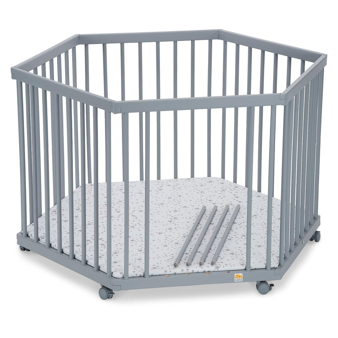 FabiMax Baby Laufgitter 6-eck Grau lackiert, stufenlos höhenverstellbar, mit Schlupfsprossen, Laufst