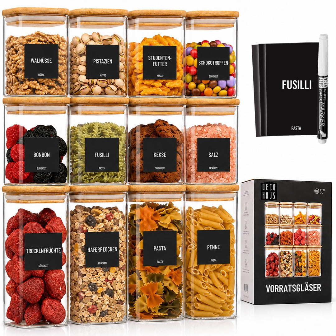 Deco haus® Vorratsgläser mit Deckel eckig 12er Set [+ETIKETTEN] - Vorratsdosen Glas mit Deckel luftd