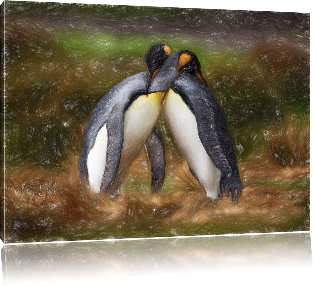 Umarmende Pinguine in der Antarktis Kunst Buntstift Effekt, Format: 100x70 auf Leinwand, XXL riesige