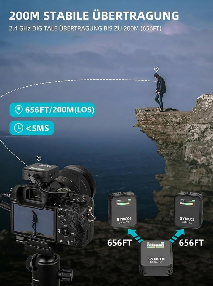 SYNCO G2 (A2) PRO Kabelloses Lavalier-Mikrofonsystem Kompatibel Für DSLR iPhone Android PC, Dual-Cha