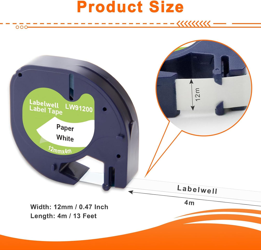 Labelwell 20x Kompatibel Letratag Papier für Dymo 91220 91200 Schriftband 12mm x 4m Schwarz auf Weis