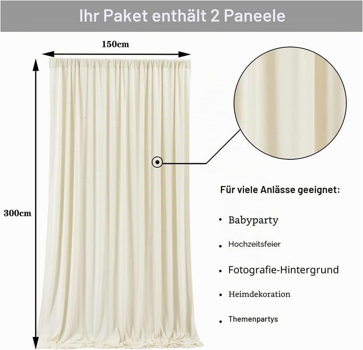 3×3 m Elfenbein Hochzeit Hintergrund Vorhang, 2 Platten 1,5×3 m Faltenfreie seidige Glatte Polyester
